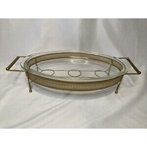 VTG PYREX 16” Chafing Dish 3 QT W/Stand Gold Bronze USA MCM Hosting Serving Dish